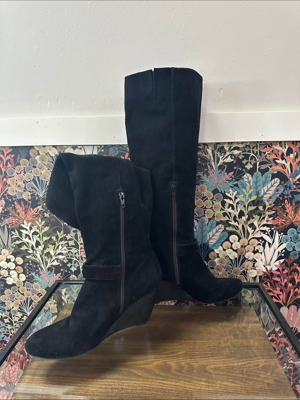 Black Suede Mid-Calf Wedge Boots - Women's